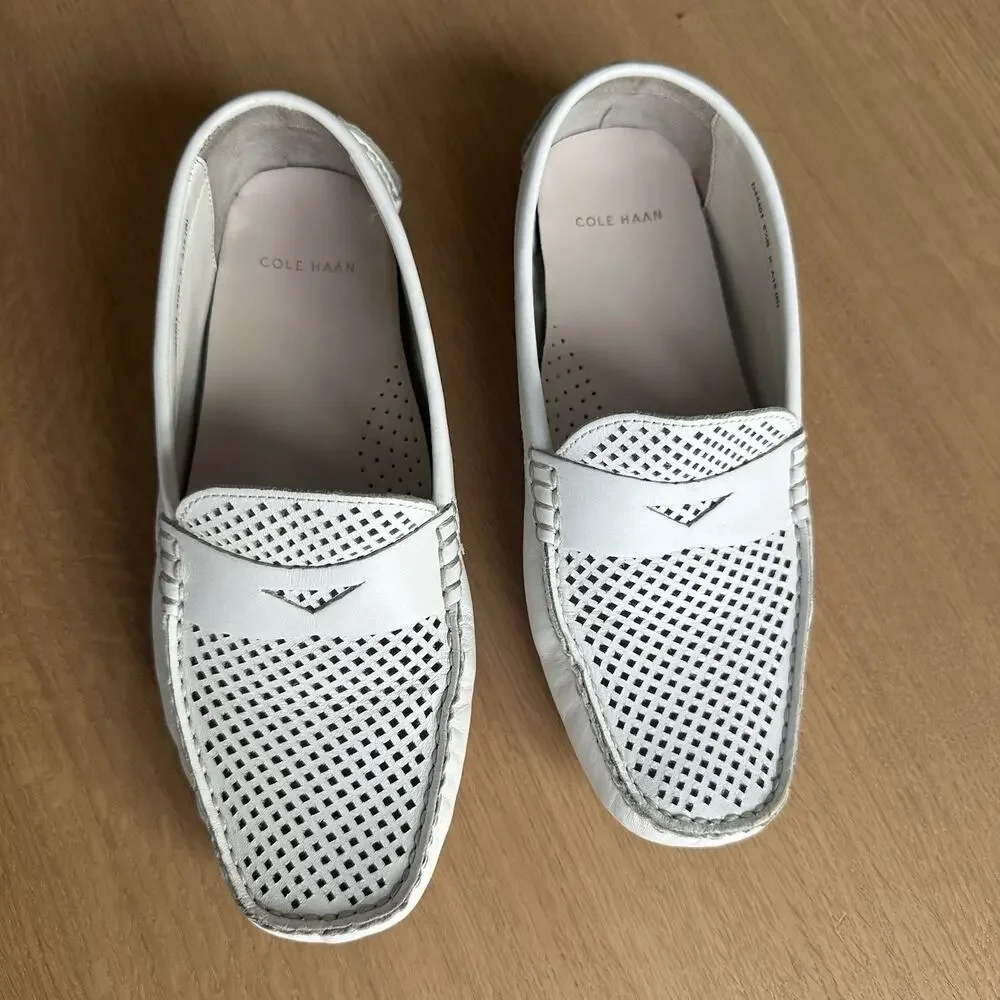 Cole Haan Trillby Driver Penny Loafers 6.5B White Perforated Leather Classic